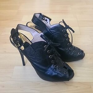 Steven by Steve Madden Sexy Black Leather Open Toe High Heels Slingback Size 5.5